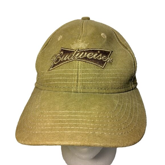 Budweiser Beer Cap Khaki Duck Canvas Strap Back Hat Proud to Serve Military Work - Picture 1 of 12